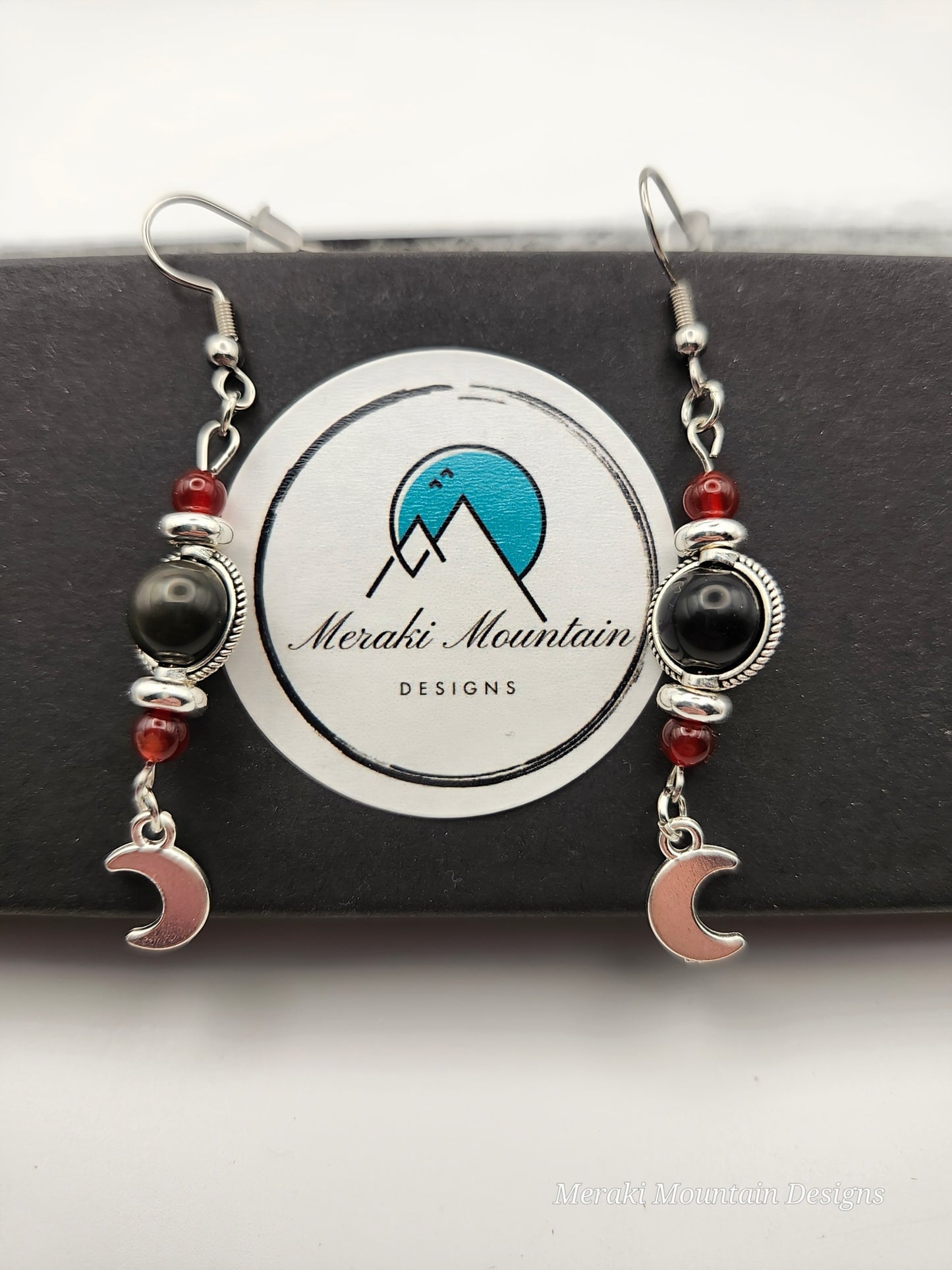 Black Obsidian + Red Carnelian Moon Charm Earrings