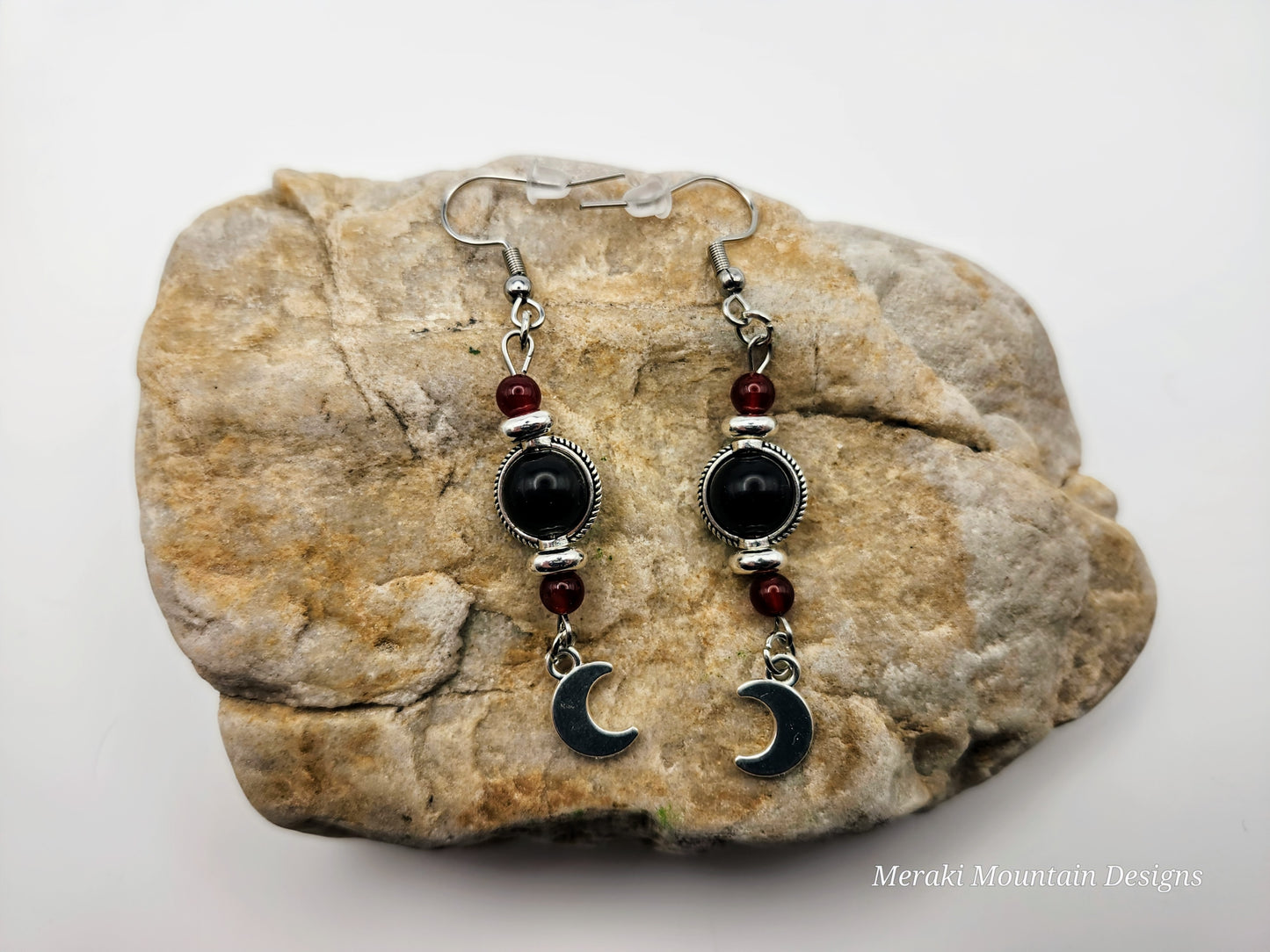 Black Obsidian + Red Carnelian Moon Charm Earrings