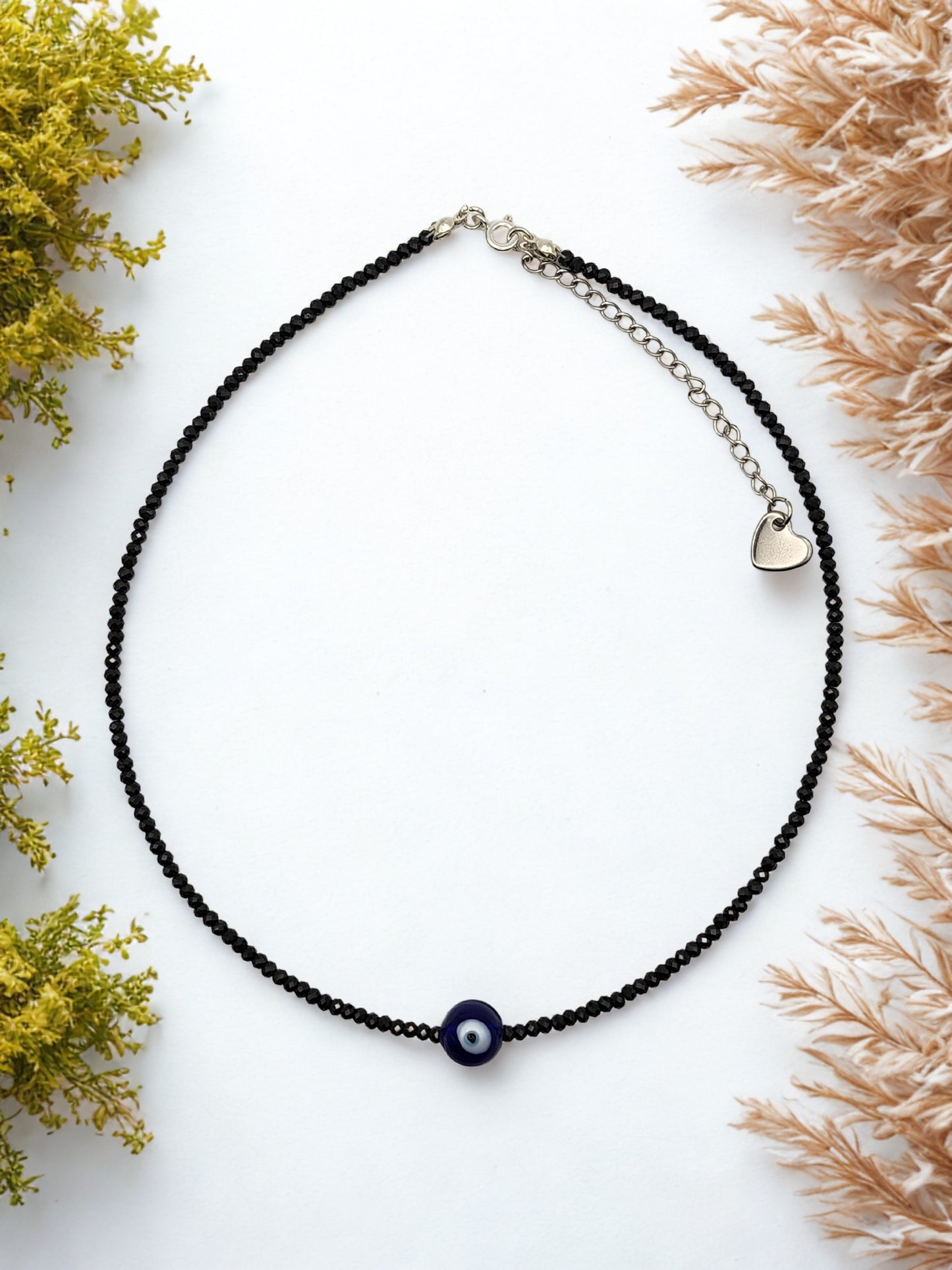 Black Spinel 3mm multifaceted + Evil Eye