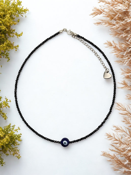 Black Spinel 3mm Multifaceted Minimalist + Evil Eye